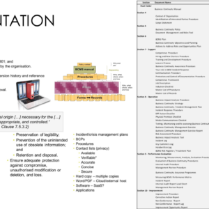 1. One of the more complex parts of your task is keeping track of all the work required to document your BCMS. You need to be sure, before you can proceed to certification, that all the requirements of ISO22301 have been fully documented.